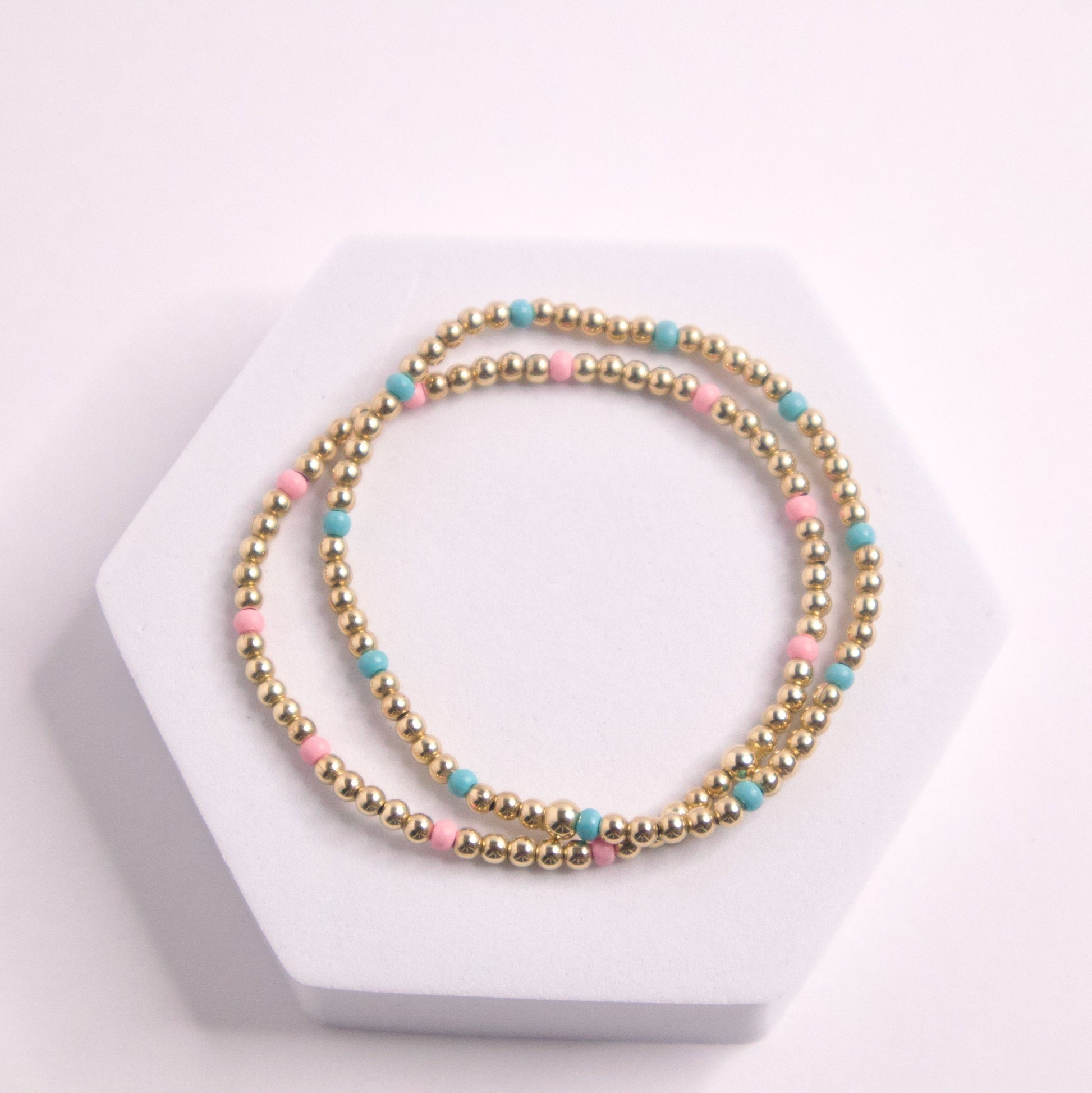 14k 3mm gold filled and seed beads in blue and pink